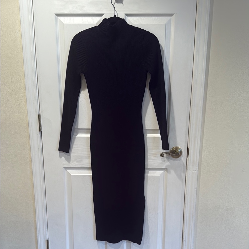 Black Mock Neck Ribbed Bodycon Long Sleeve Midi Sweater Dress